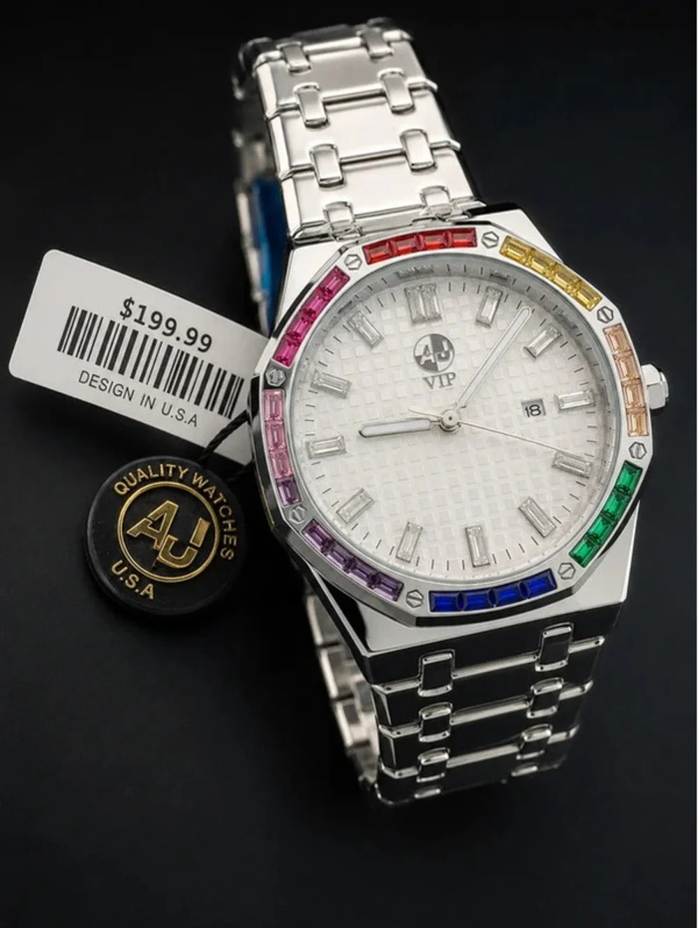#542 AJ VIP 42mm Rainbow Crystal Watch + Free Size 12 Ring